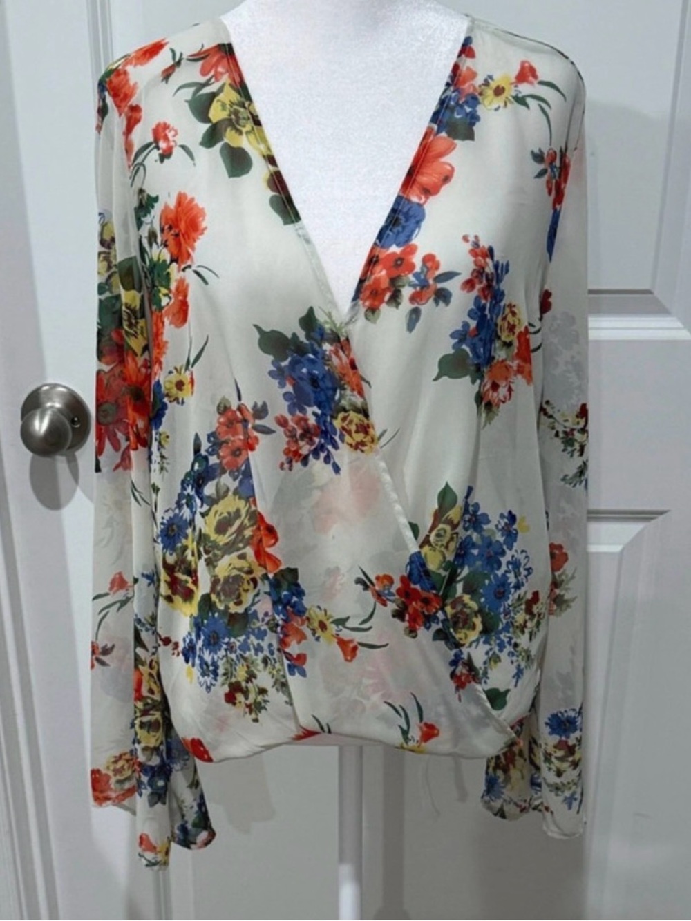 Cream Floral Wrap Blouse with Red & Blue Blooms